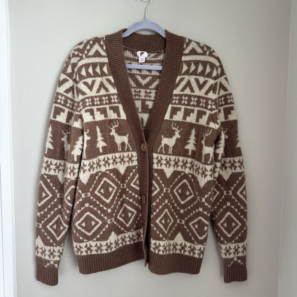 Christmas Cardigan Sweater Size S/M Brown Tan Boho Nordic Reindeer Cottagecore